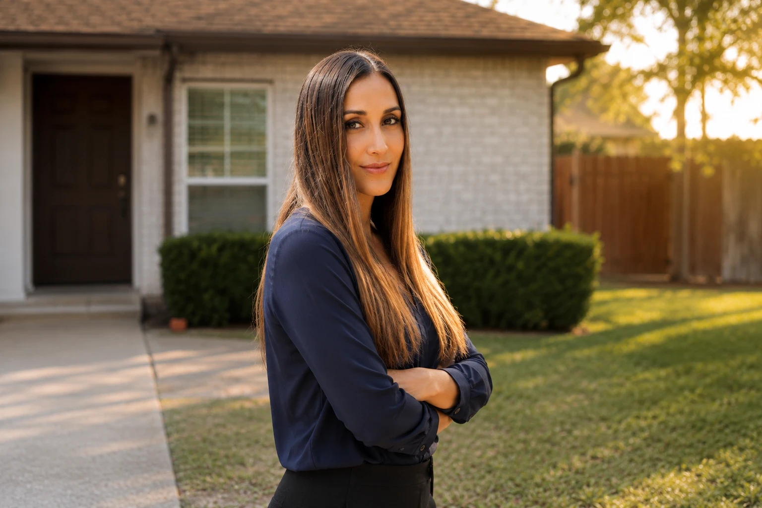 Brenda Lora, the Founder and CEO of Brenda's Cleaning, standing proudly with arms crossed outside a North Texas residential home during sunset. Dressed in a professional navy blue blouse and black trousers, she smiles warmly, representing her company's local roots, higher standards, and dedicated maid services in Keller and Southlake, Texas. The background features a well-maintained brick house with a green lawn, sidewalk, and wooden fence, highlighting premium residential housekeeping, reliable home cleaning, and a trusted, family-established business since 2014.