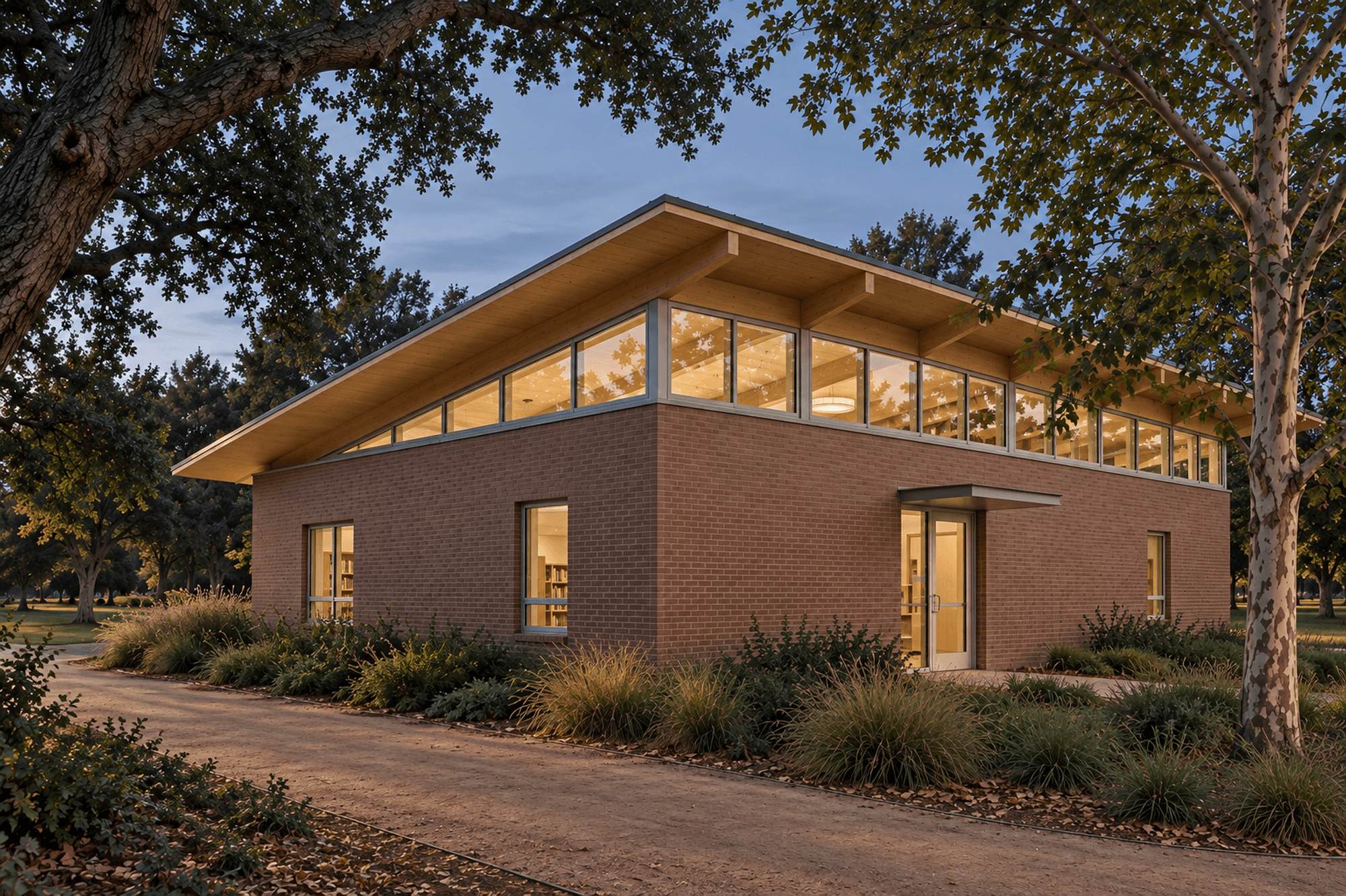 The reading room at dusk from the park path, its high windows lit beneath the timber roof.