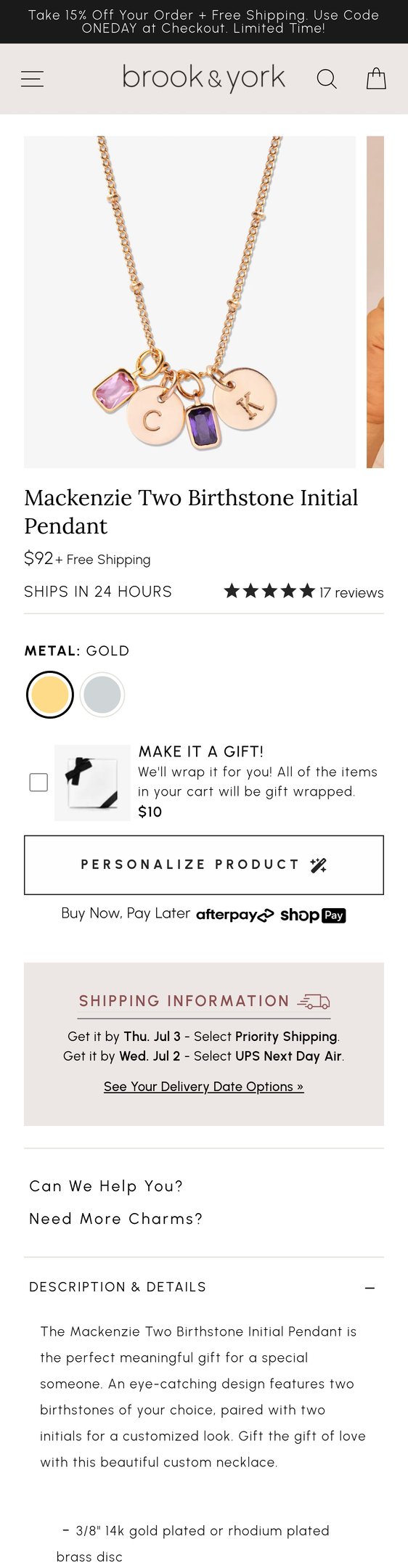 Jewelry product options include: necklace, pendant, birthstone for Mackenzie Two Birthstone Initial Pendant from Brook & York.