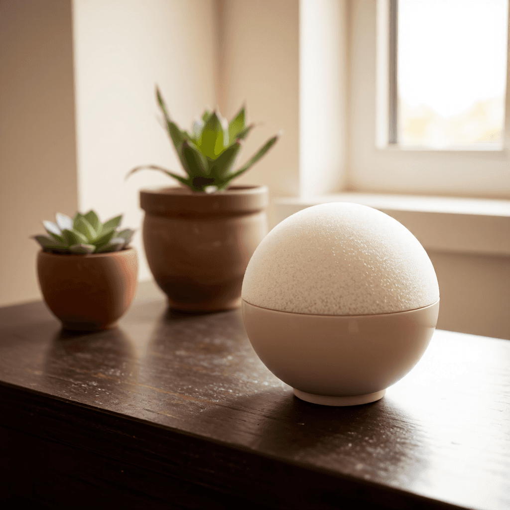 product photography of a spherical cosmetic applicator