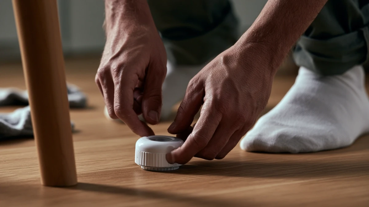 Close-up of hands starting a timer next to a chair during a breathing exercise.