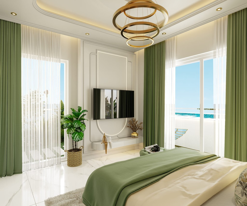 Contemporary bedroom design with green and white accents at Vincitore Wellness Estate.