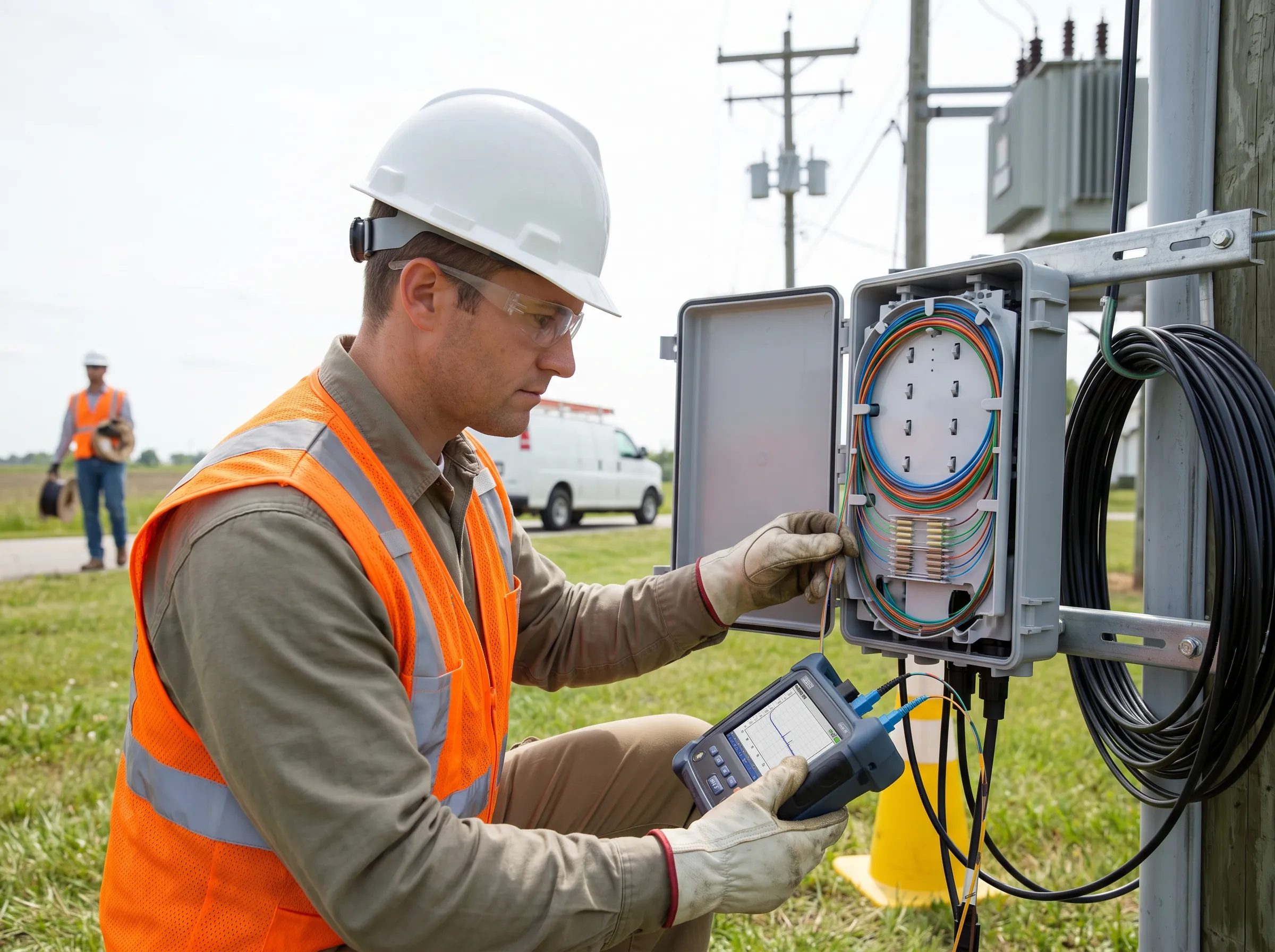 A worker in a hard hat and bright jacket inspects electrical equipment in a solar panel installation.