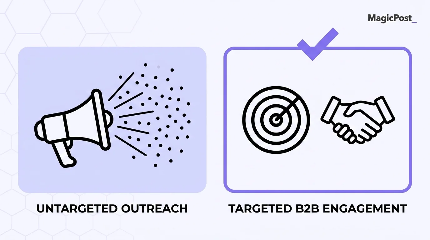 Comparison showing untargeted outreach versus targeted B2B engagement as part of a LinkedIn content marketing strategy