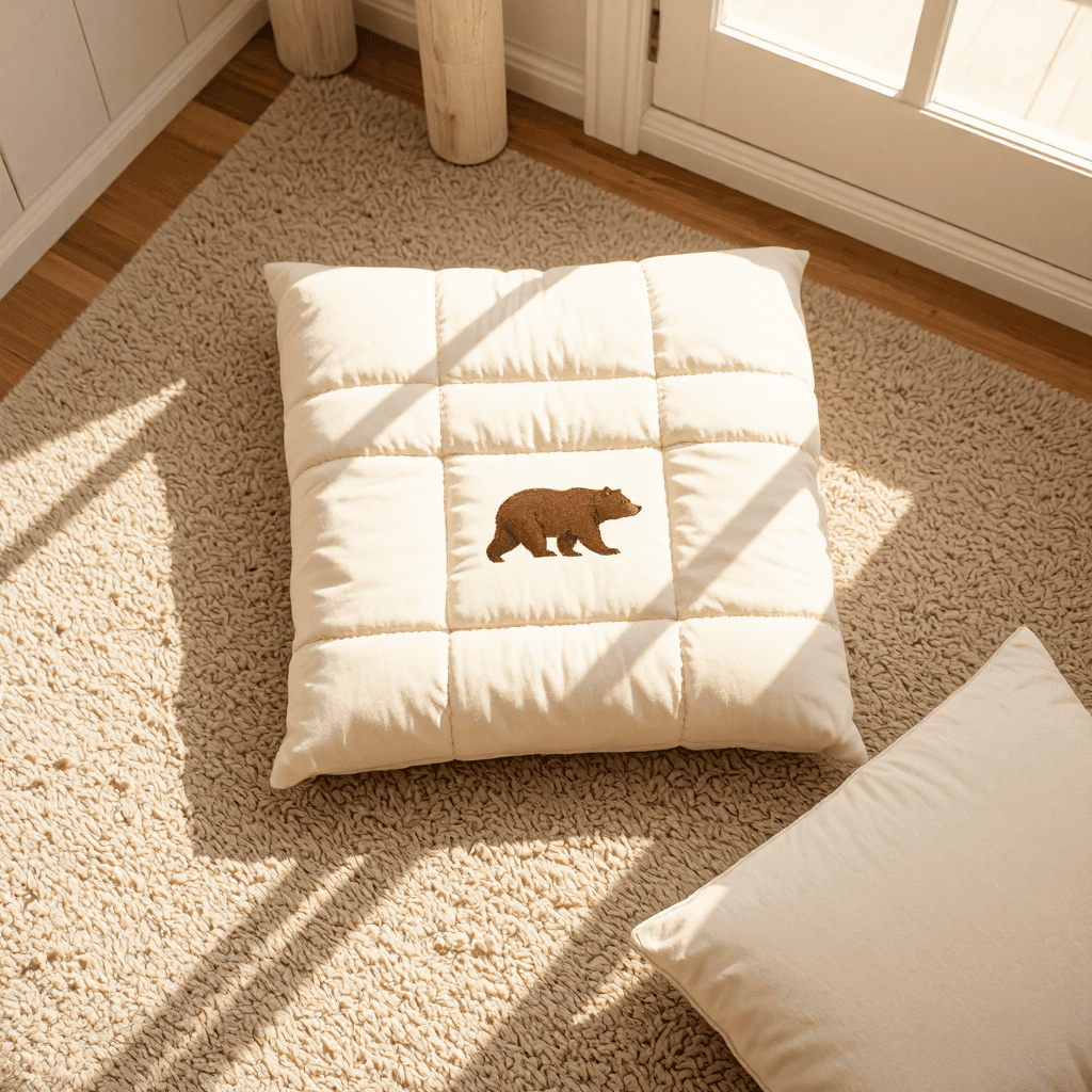 product photography of a quilted fabric item with a bear design, likely a decorative or functional cover