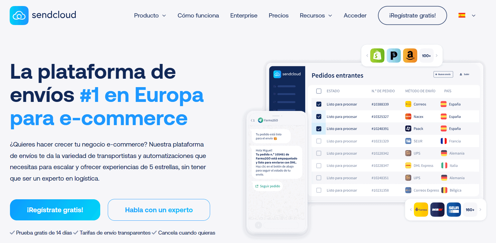 Pantallazo del sitio web de Sendcloud, una plataforma de envíos automatizados y multitransportista.