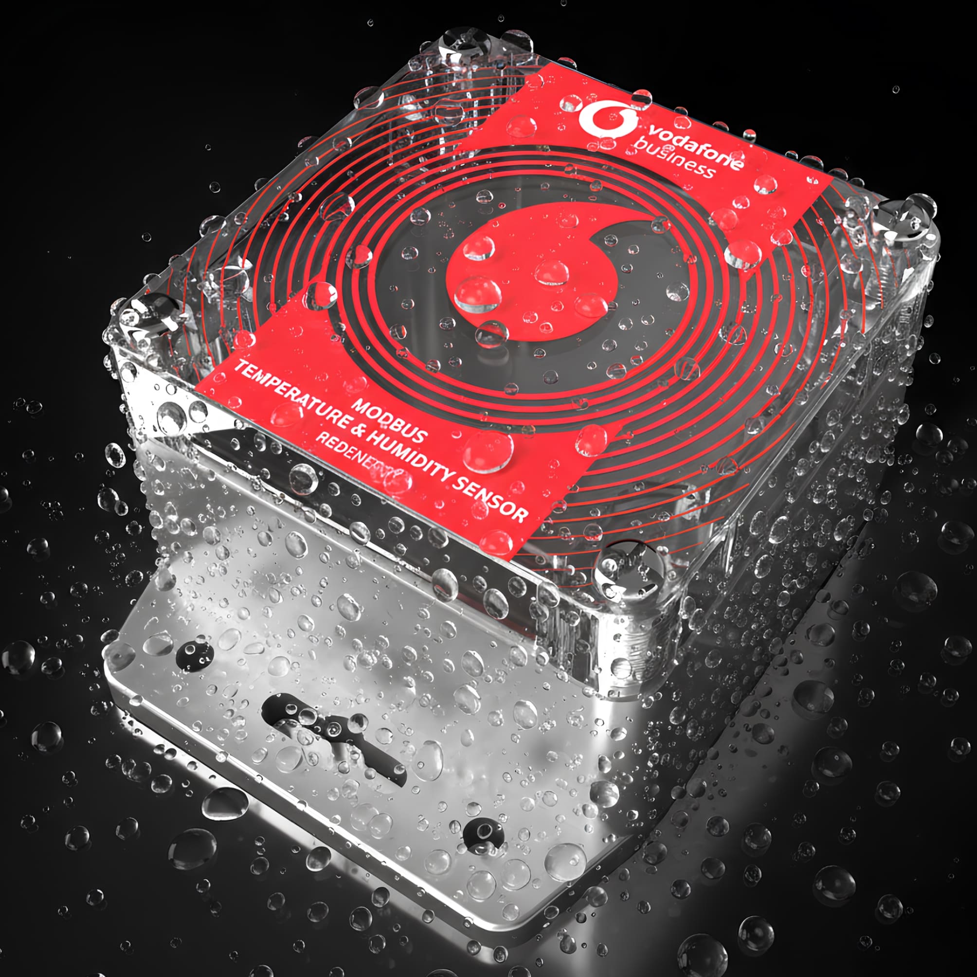 The Ocean Design portfolyosu için Vodafone Business şeffaf kapaklı sıcaklık ve nem sensörü endüstriyel ürün tasarımı yakın çekim 3D render.