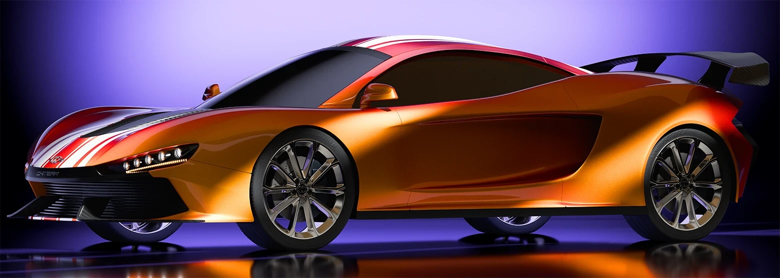 Automotive CGI render showcasing a high-performance sports car with cinematic lighting