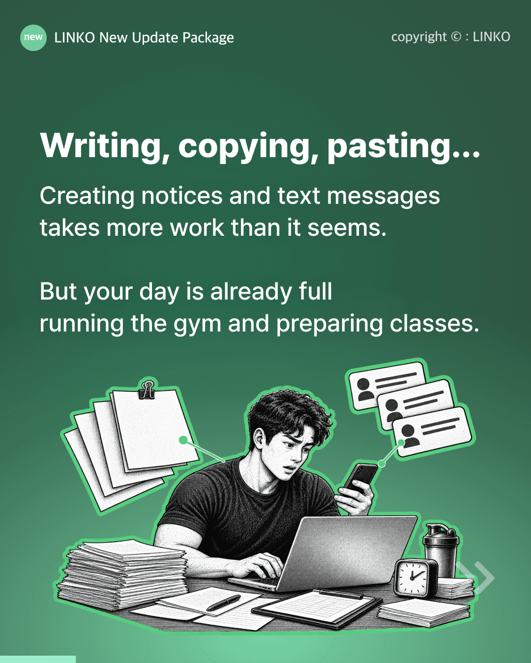 Illustration of a fitness center owner handling member messages with a phone, laptop, and stacks of paperwork.
