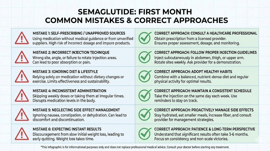 Common semaglutide first month mistakes to avoid infographic