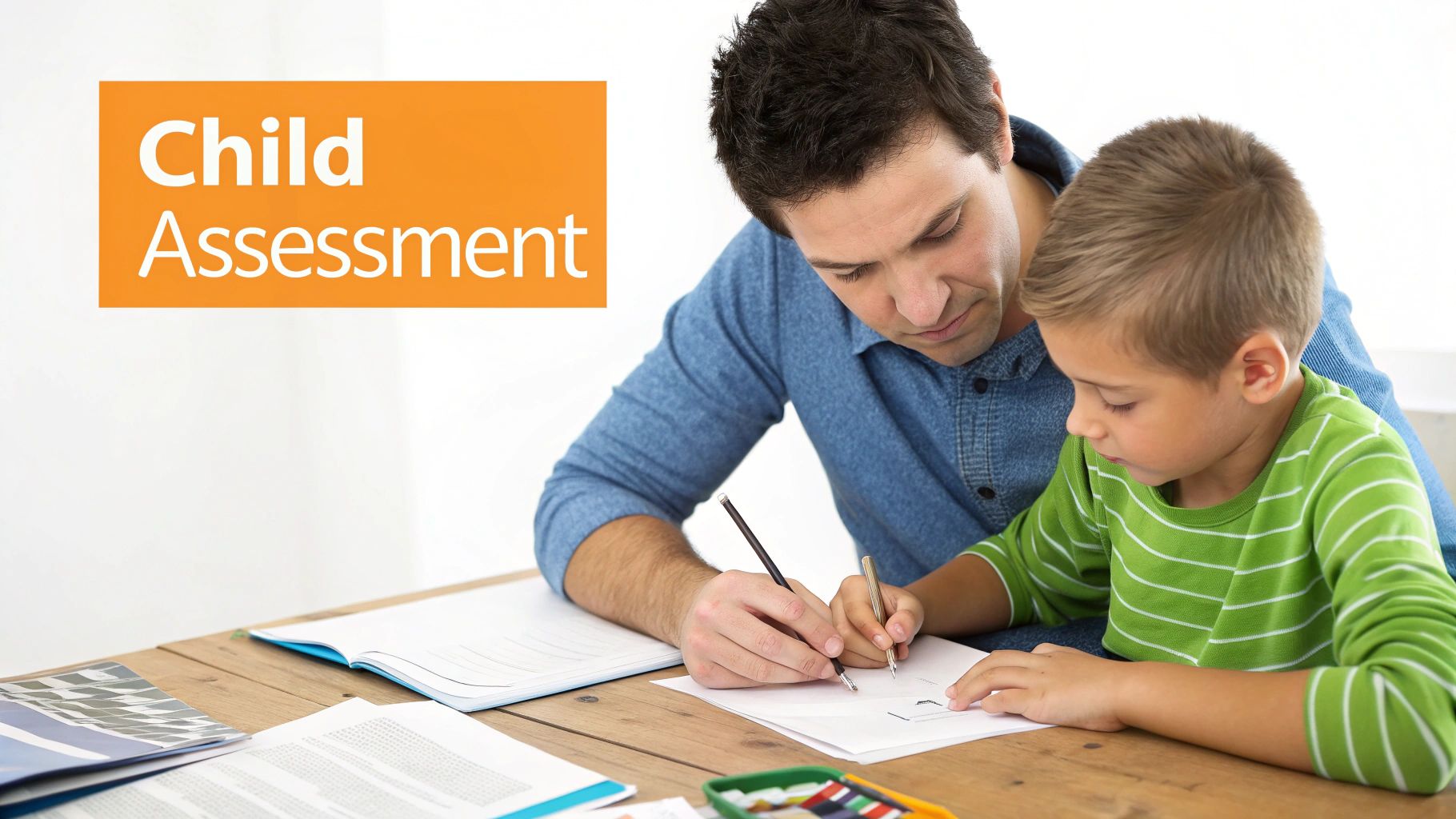 A child focused on a creative task at a desk, symbolizing a supportive assessment environment.