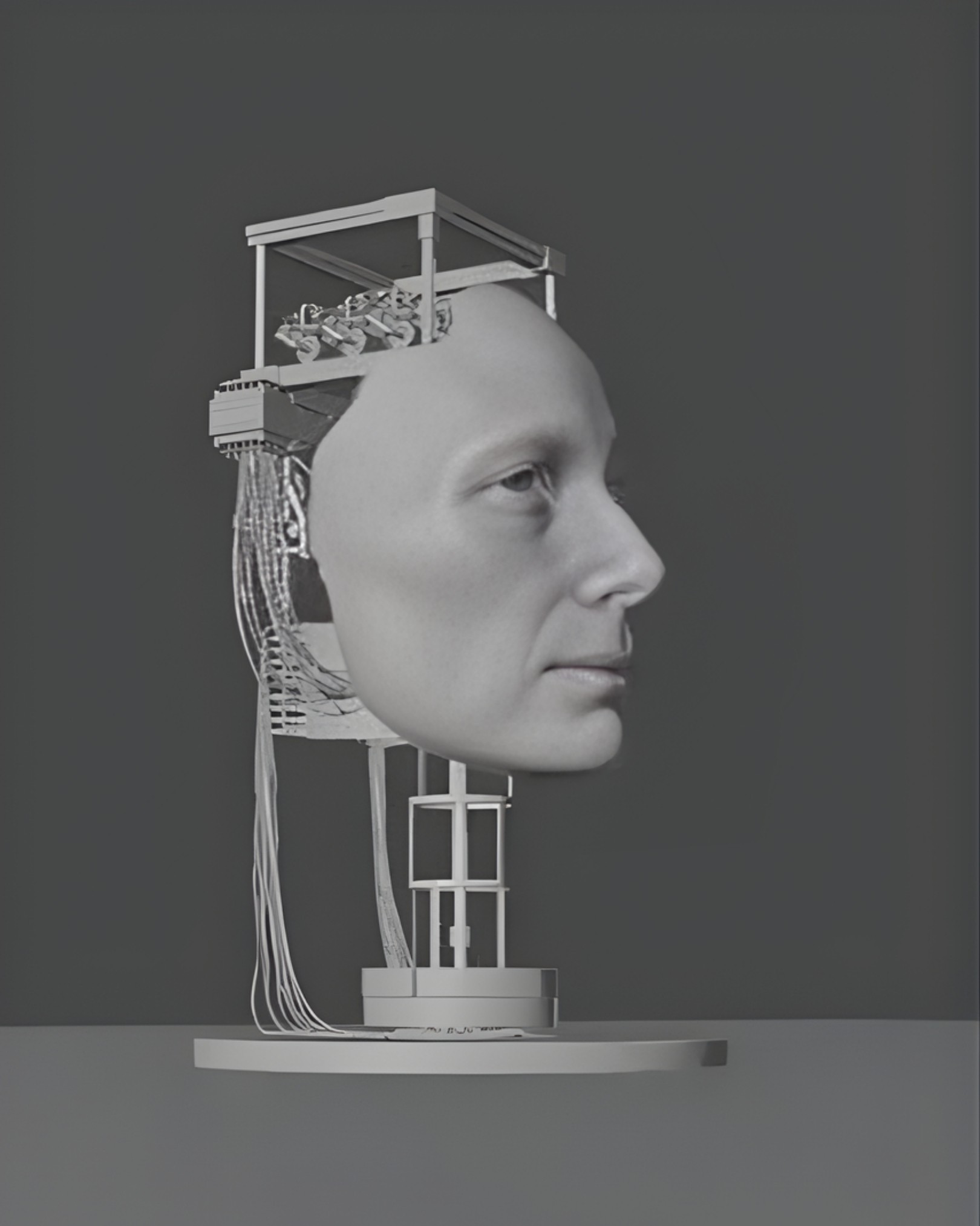 Gray-scale 3D wireframe models showing the mechanical structure of a giant robotic head