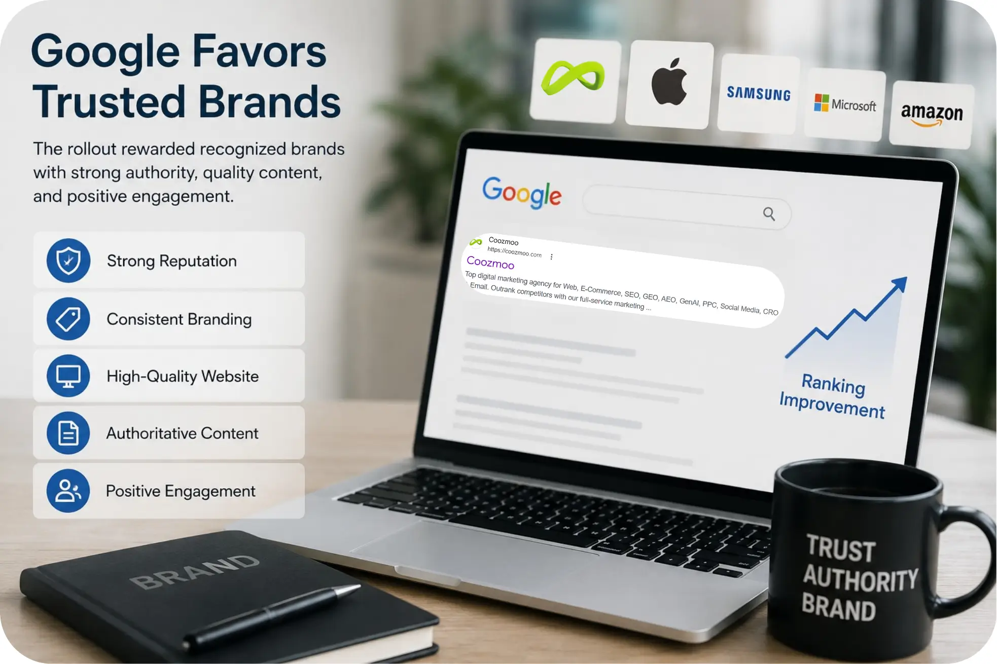 Google search ranking illustration showing how trusted brands with strong authority, quality content, consistent branding, and positive engagement gained visibility after a Google core update.