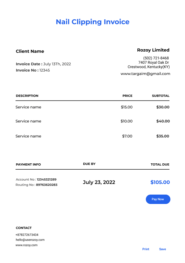 Nail Clipping Invoice