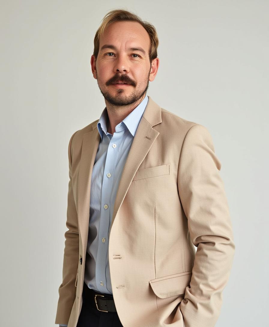 A young man in a white t-shirt stands against a light-colored background.