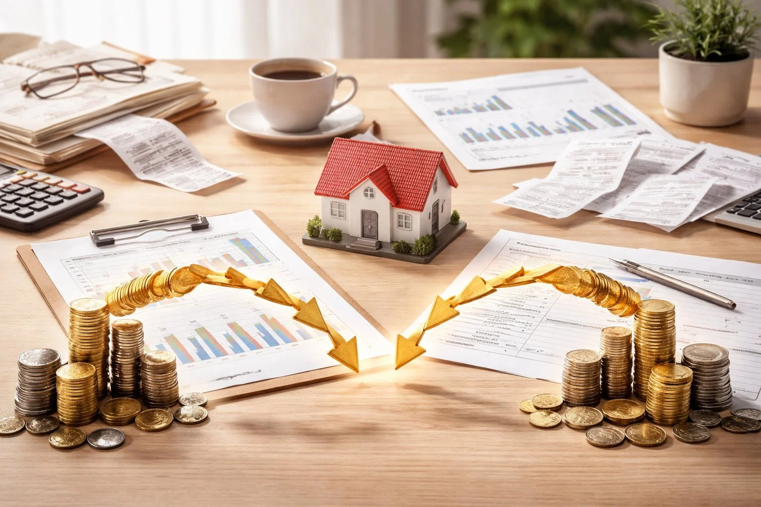 Organized workspace with spreadsheets, receipts, and a small house model, with coins flowing in and out to represent controlled cash flow.