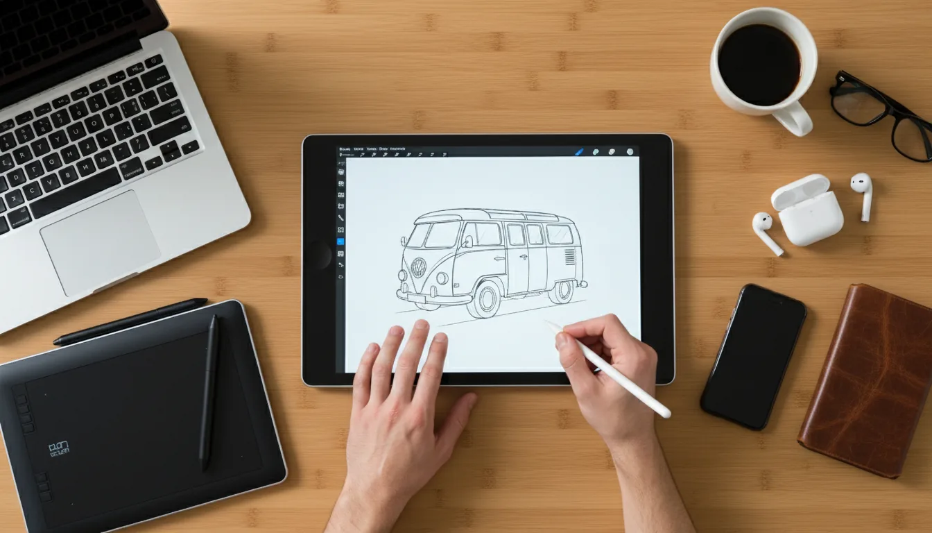 High-fidelity DSLR photograph from a top-down, flat-lay perspective of a digital artist's desk. The desk has a light bamboo wood texture. In the center, a person's hands are actively drawing a line art illustration of a van on a large tablet using a white stylus. The workspace is meticulously organized with a silver laptop, a separate black Wacom drawing tablet, a smartphone in a textured brown leather case, a pair of black glasses, a ceramic mug of black coffee, and white wireless earbuds. The lighting is soft, natural daylight, casting gentle shadows and highlighting the detailed textures. Sharp focus throughout the entire composition.