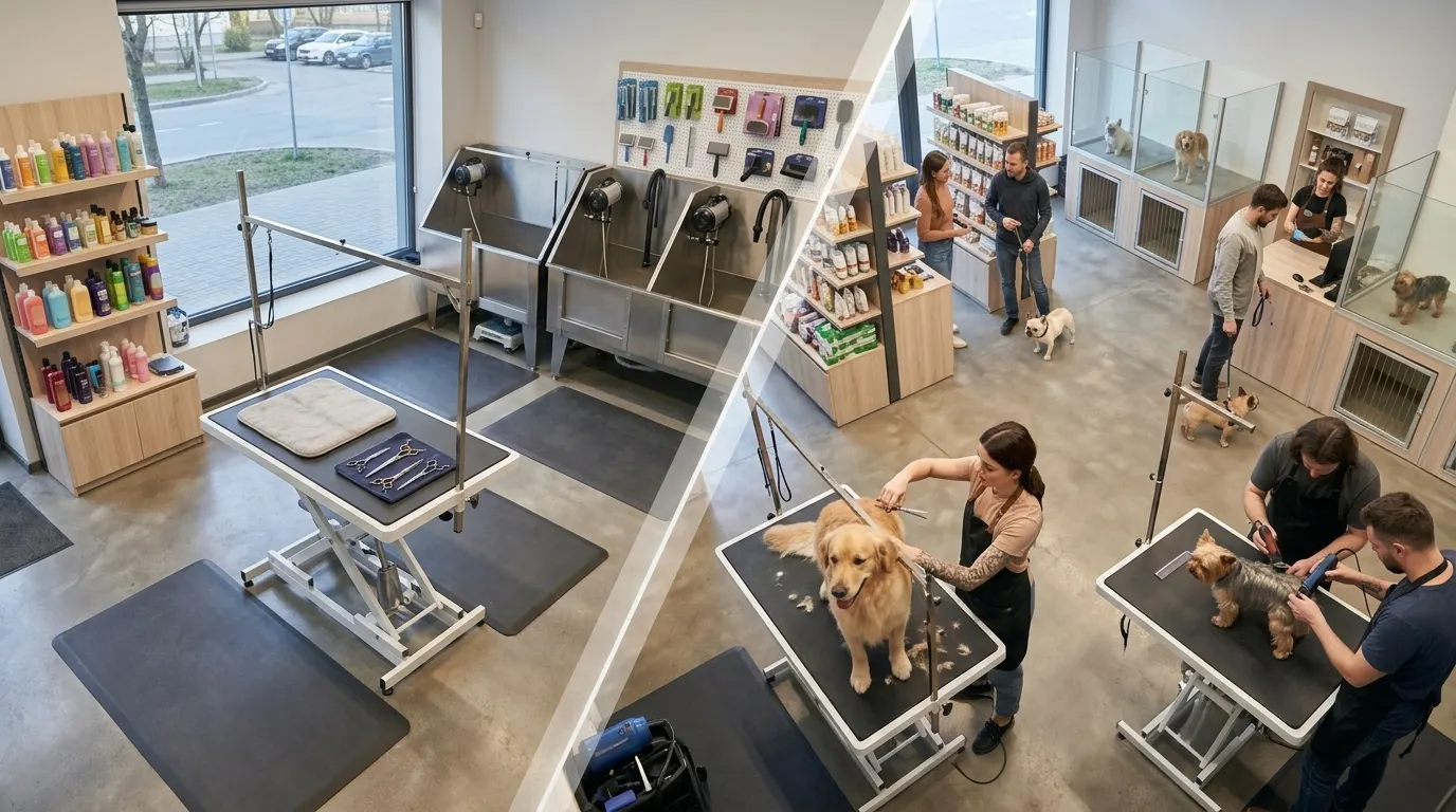 interior de pet shop com equipe e animais