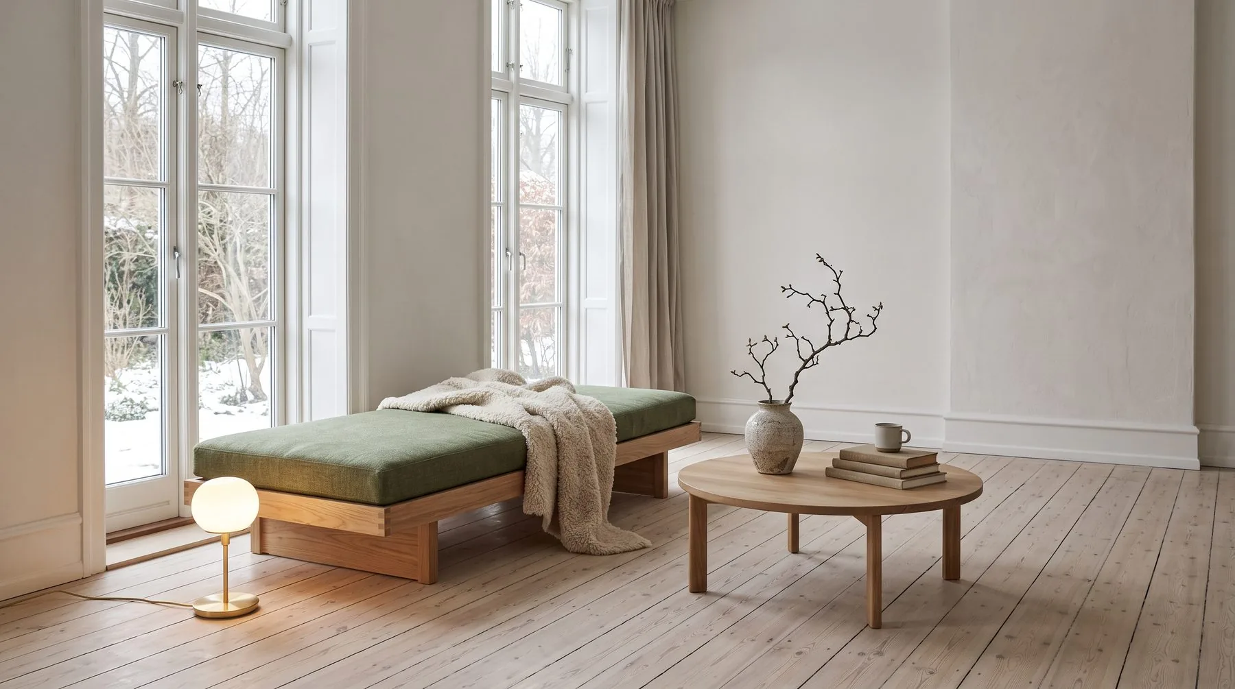 A low oak daybed in moss linen by the window, a round oak coffee table and one brass lamp: enough for a quiet afternoon.