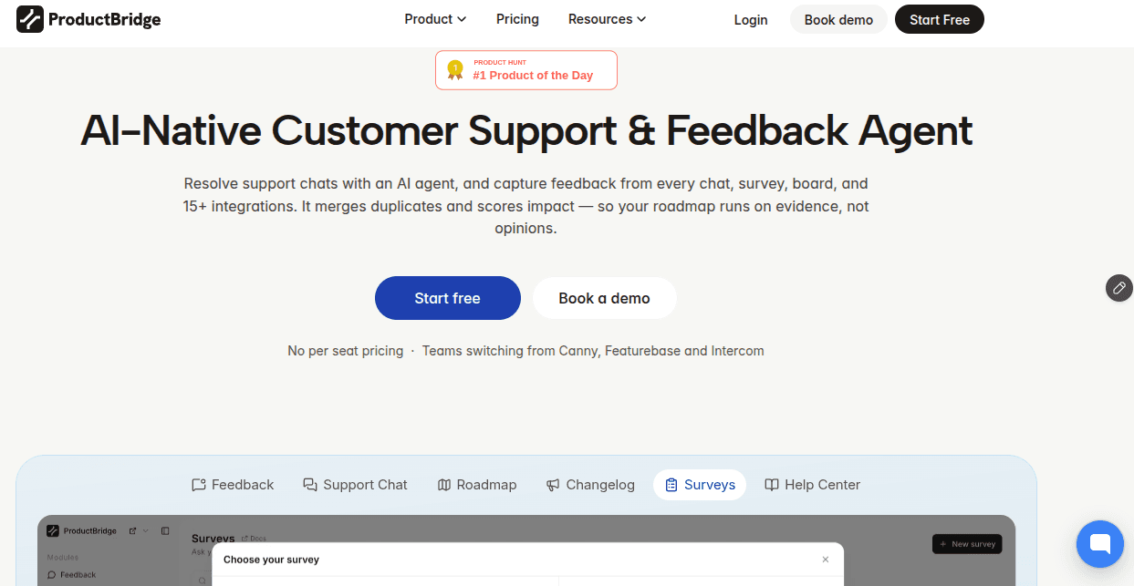 ProductBridge homepage showing its AI-native customer support and feedback agent with Feedback, Support Chat, Roadmap, Changelog, Surveys, and Help Center modules