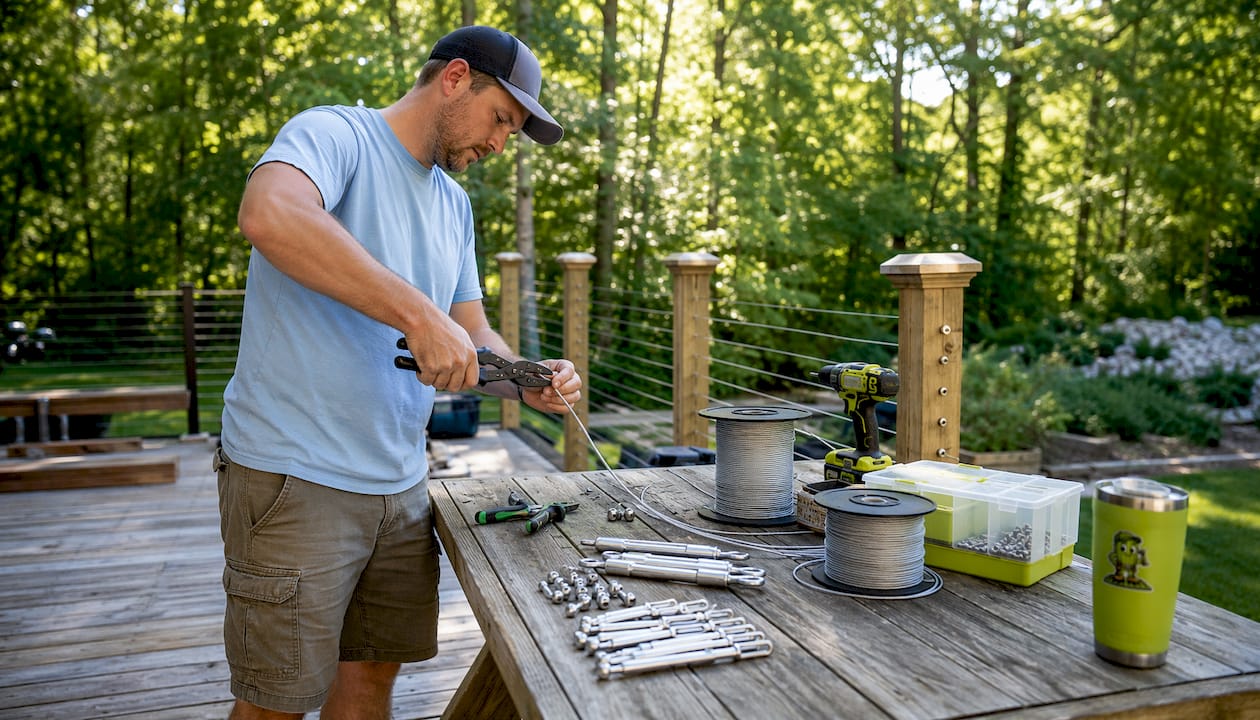Hands assembling cable railing hardware kit