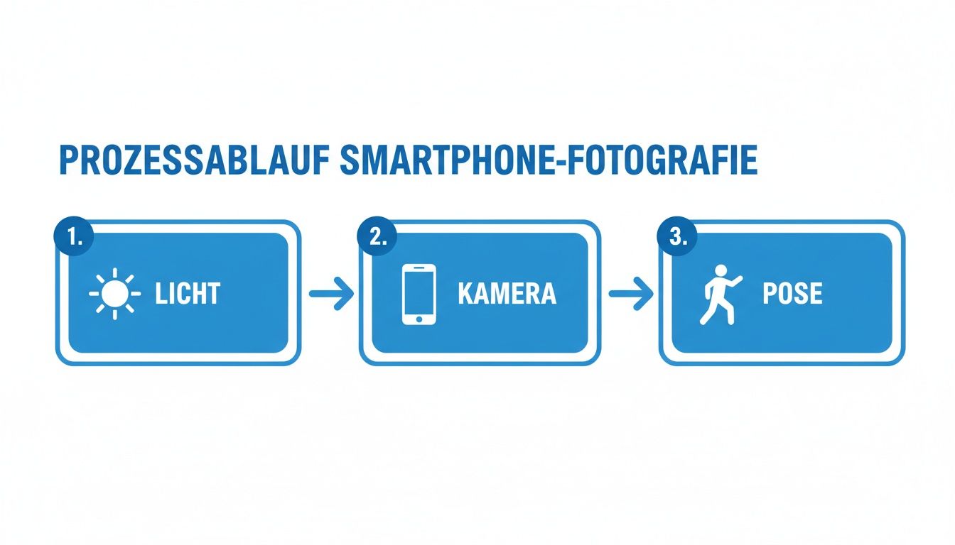 Die Grafik zeigt den Prozessablauf der Smartphone-Fotografie mit den Schritten: Licht, Kamera, Pose.