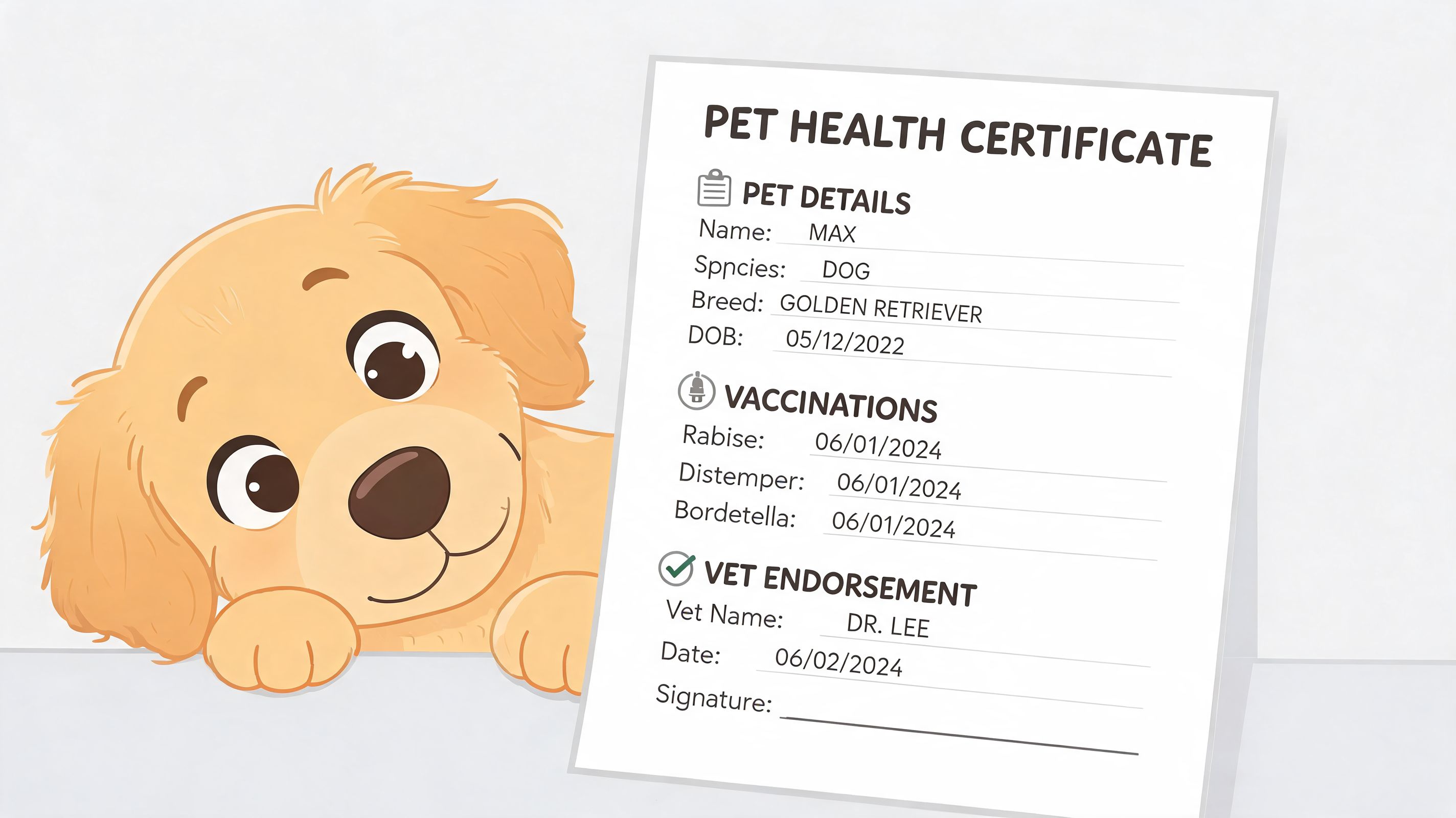 A cute cartoon puppy peering over a pet health certificate document detailing dog vaccination records.