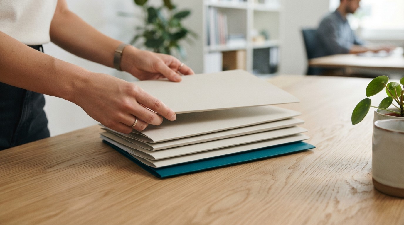 Professional hands organizing folders on a clean desk