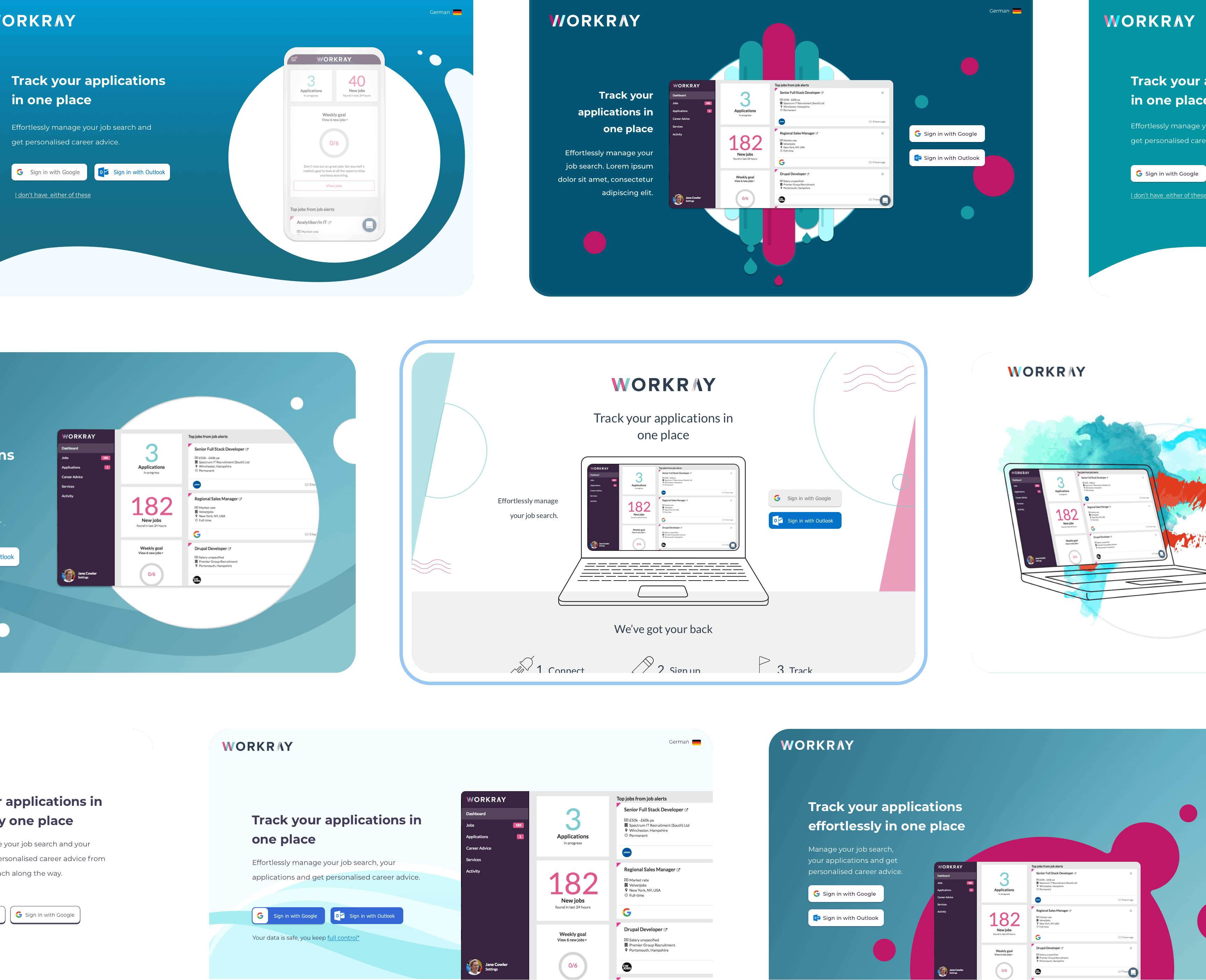 Nine versions of the new homepage with different styles