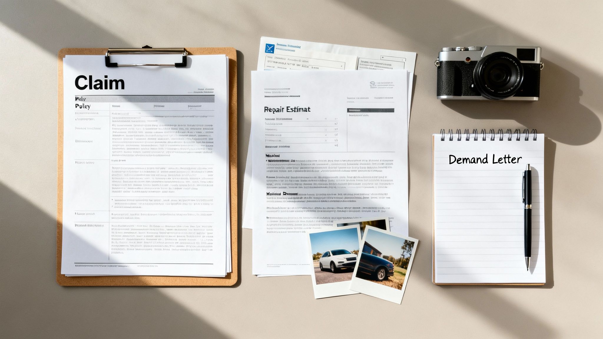 A flat lay shows insurance claim documents, a repair estimate, car photos, a camera, and a demand letter.
