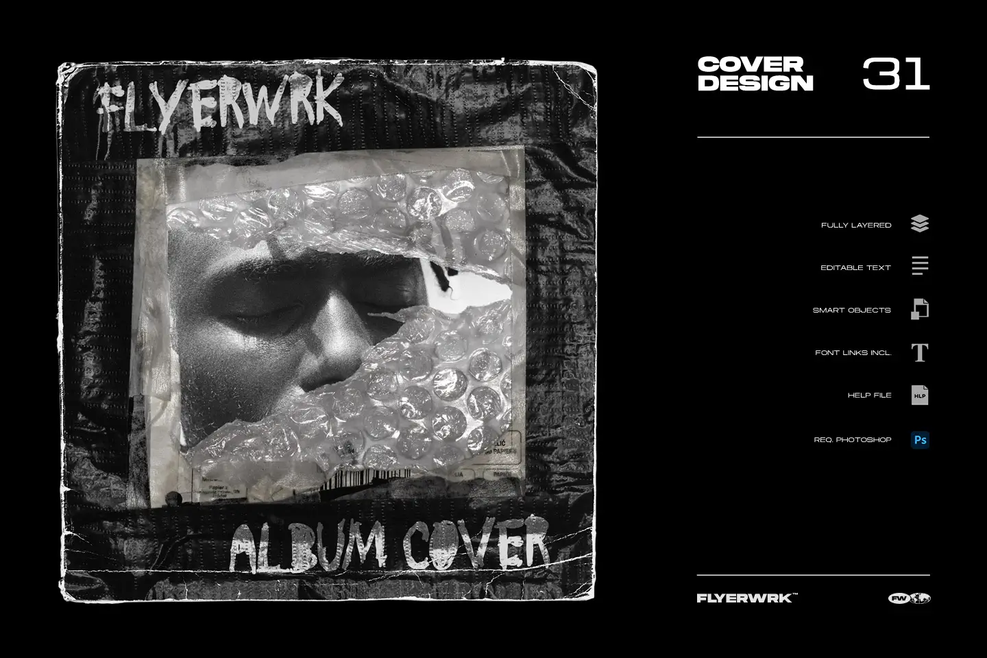 Monochrome album cover design template featuring a realistic bubble wrap texture and distressed plastic effects