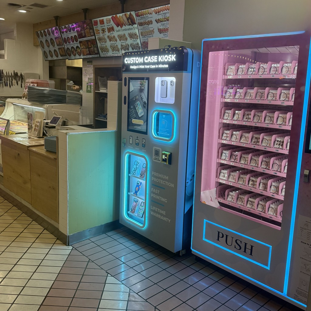 Custom Case Kiosk inside Koreatown Plaza food court at 928 S Western Ave, Los Angeles, CA 90006, offering fast personalized phone case printing.