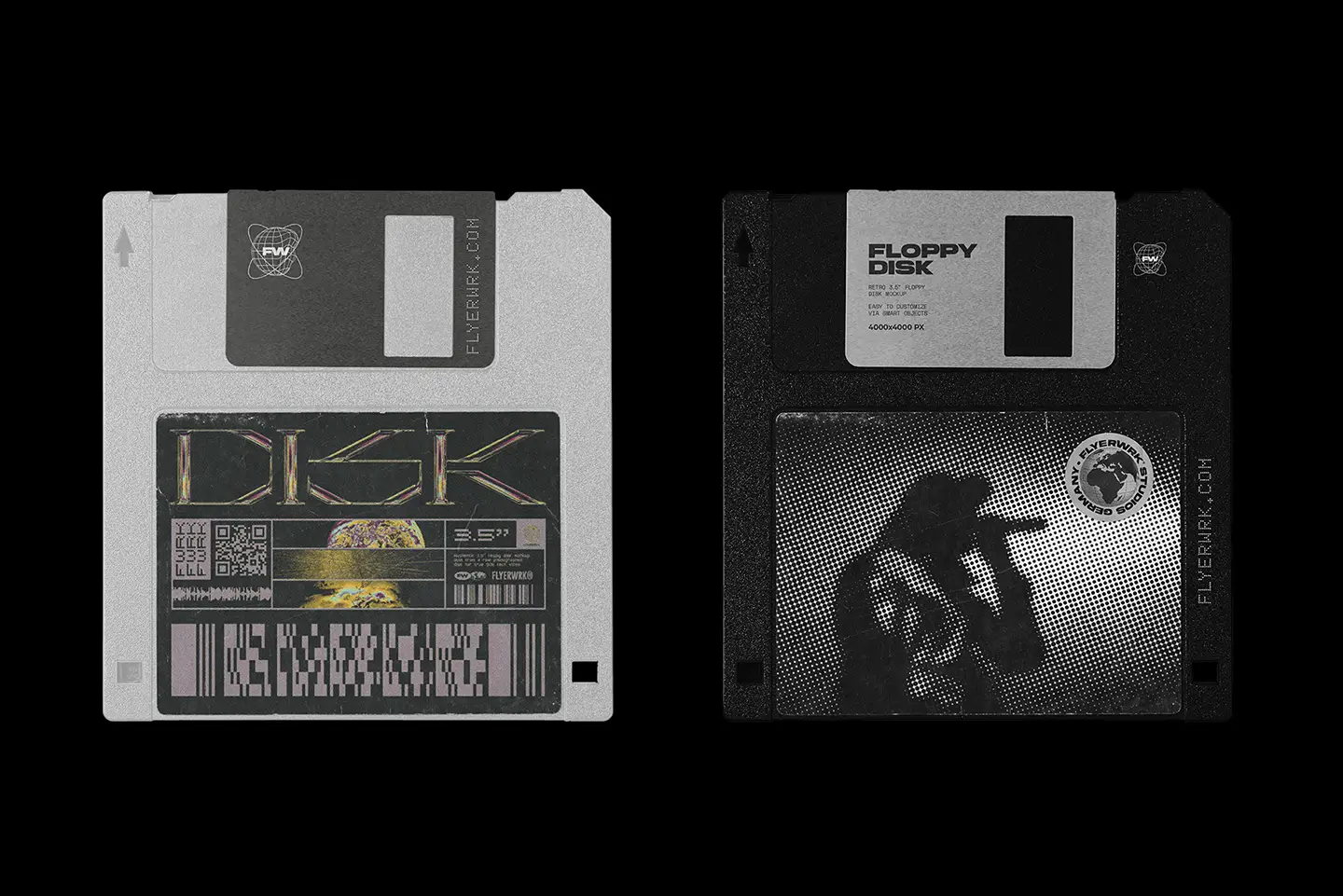 Vintage Floppy Disk 3.5 Inch Mockup showcasing high-contrast halftone artwork on a classic black disk