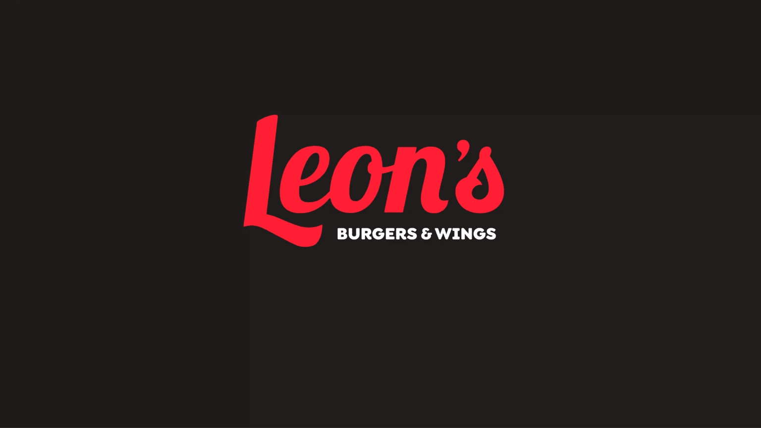Logo for Leon's Burgers & Wings featuring bold red text on a dark background, highlighting casual dining and American cuisine.
