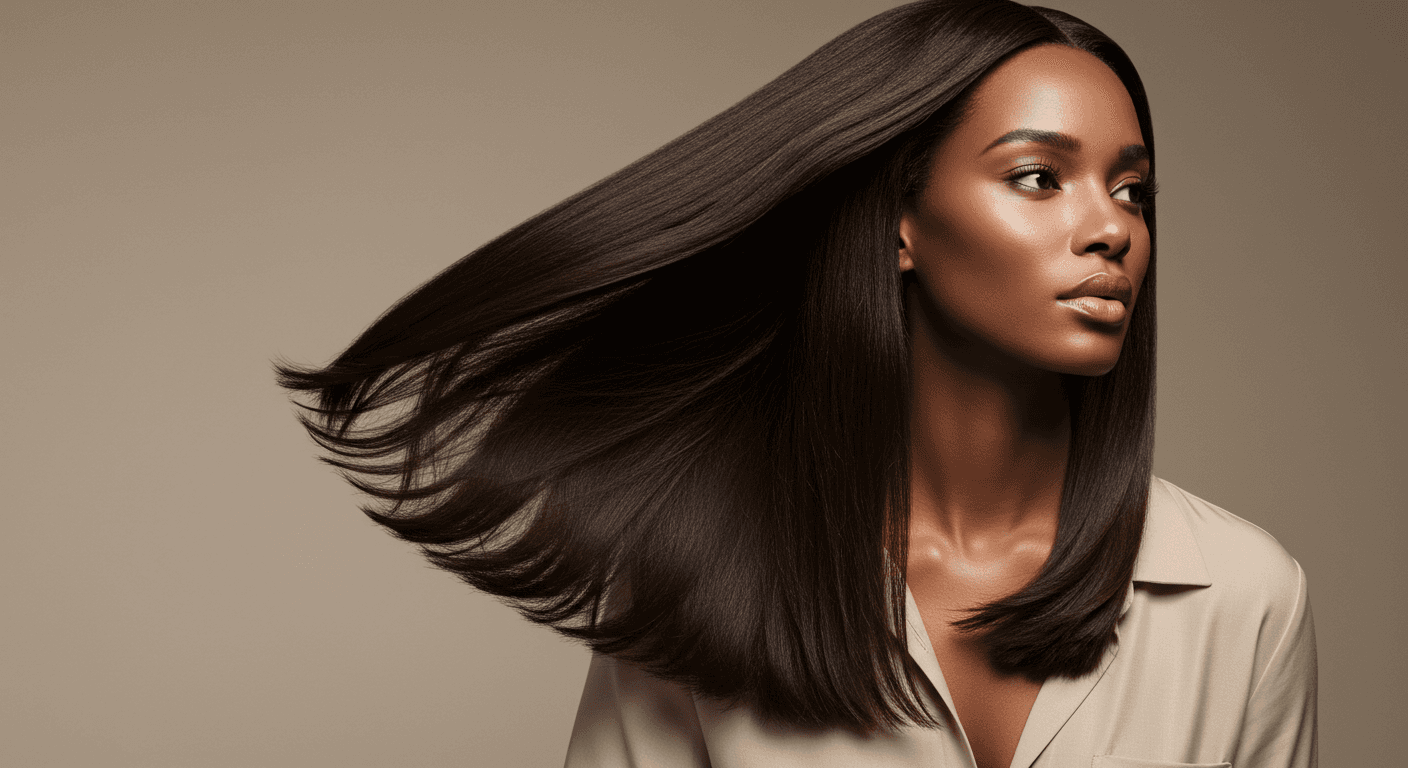 A Black woman with long, straight dark hair blowing elegantly to the side against a neutral background.