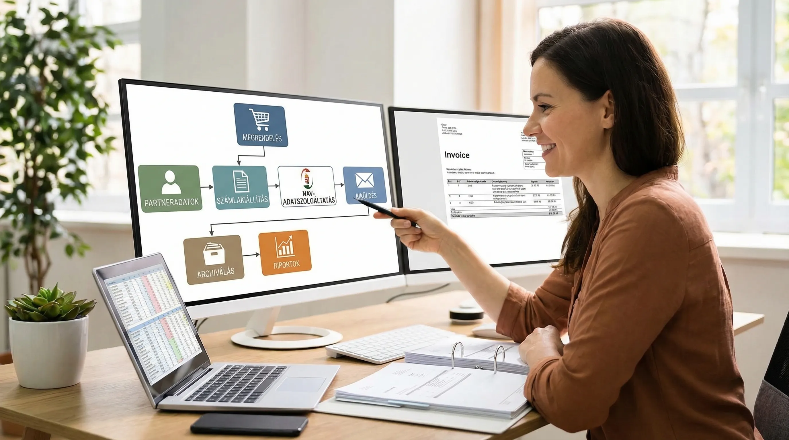 Egy kisvállalkozás elektronikus számlázási folyamata: megrendelés, partneradatok, számlakiállítás, NAV-adatszolgáltatás, kiküldés, archiválás, riportok. A folyamat lépései egyszerű, egymás utáni blokkokkal ábrázolva.