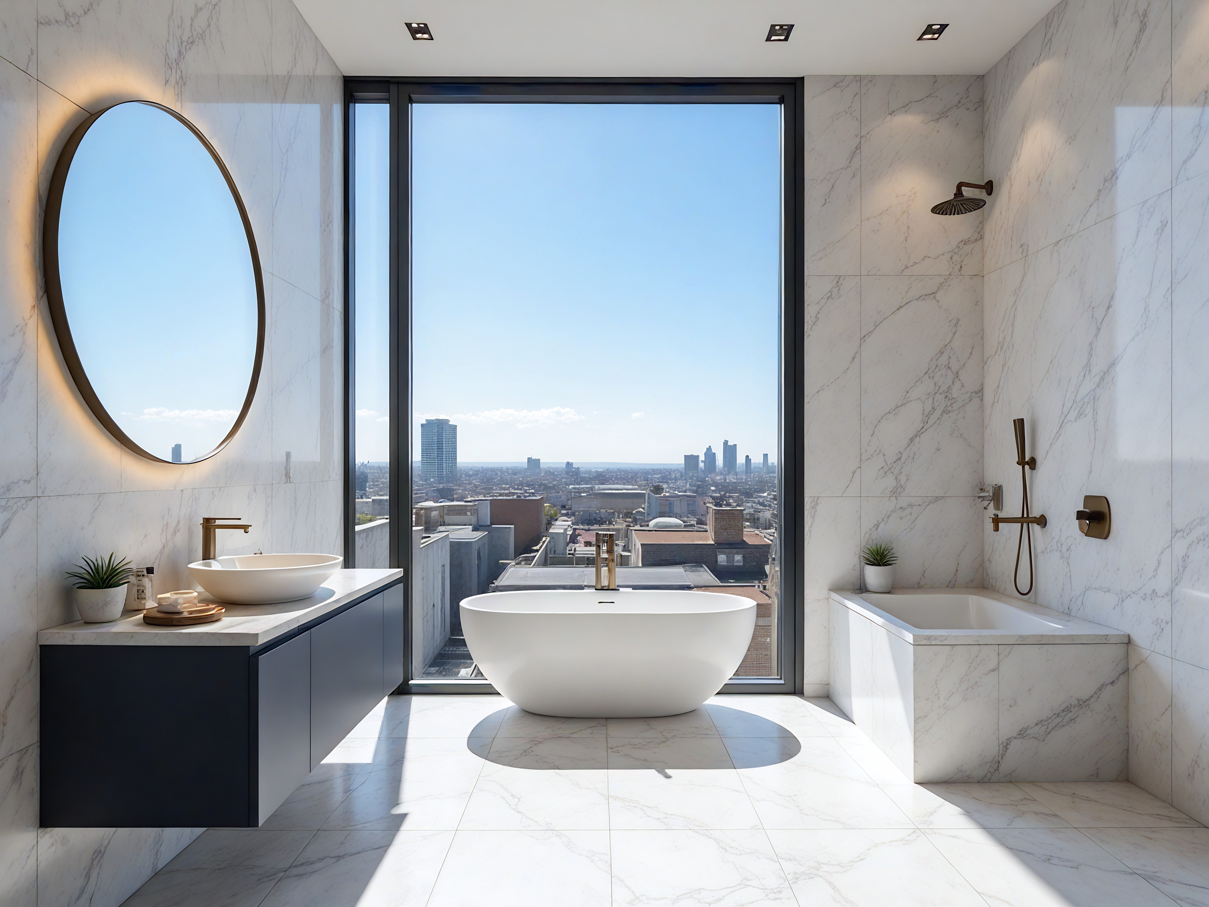 A classic and elegant bathroom with off-white paneling, marble-patterned flooring, and intricate ceiling carvings is shown in this horizontal full photograph. In the left corner, a white clawfoot bathtub with gold-colored handles is against the wall, with a towel draped over the left-side rim. To the right of the bathtub are two white toilets, each with a single handle on the left side, under two tall white windows. The windows overlook a leafy green forest and fields in the distance. The right-side window is between the two toilets. To the right of the windows is a large square marble shower with clear glass walls and gold-colored frames and handles. A multi-piece shower kit with a showerhead and controls in gold is in the shower. To the right of the shower is a white cabinet with off-white marble countertop and handles in gold. On the counter are three small white towels and a brown and white pump bottle. A square, framed mirror is above the counter. Two wall sconces with simple gold-colored stems and cream-colored lampshades are above the mirror. Daylight streams in from the windows, illuminating the room.