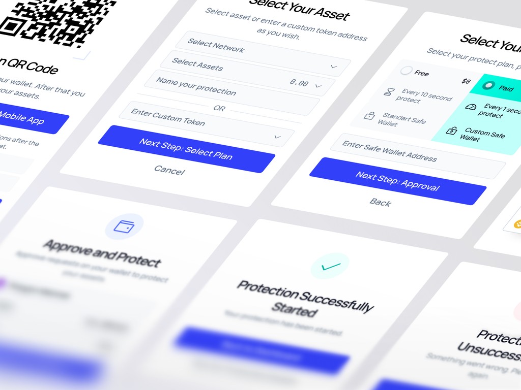 Protection setup interface for Guard Wallet where users select asset, plan, and wallet before confirming protection steps