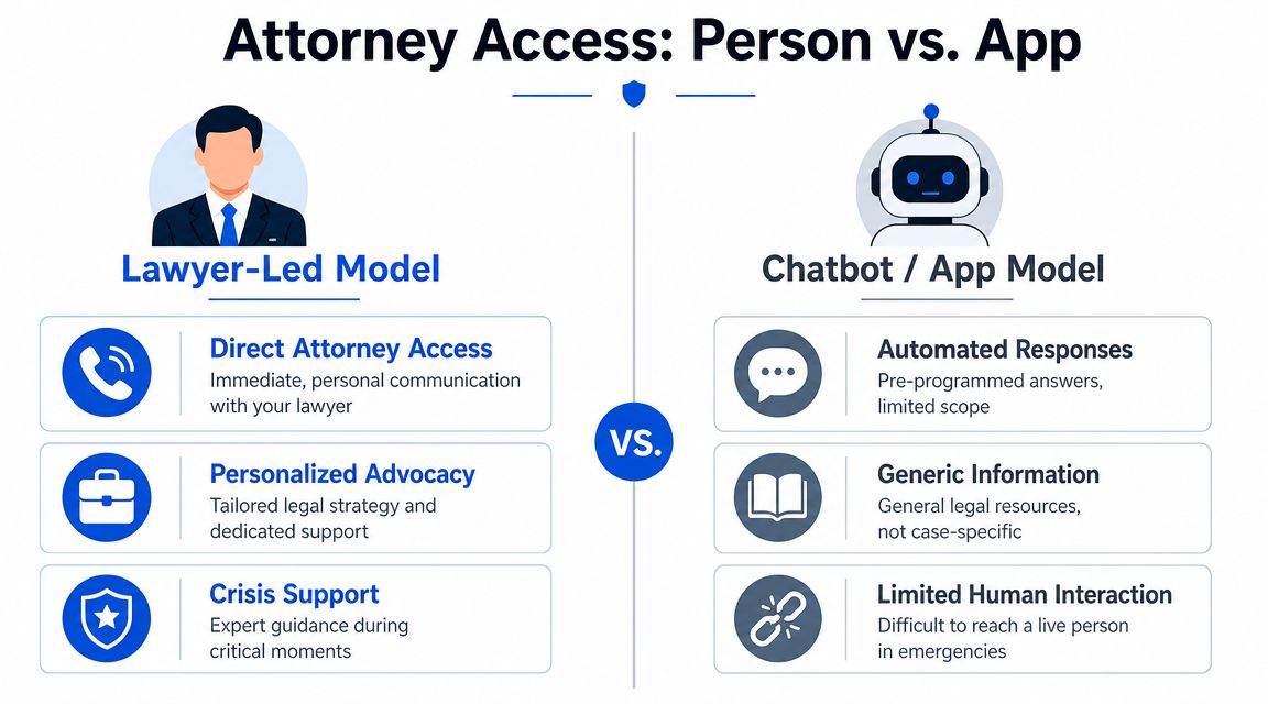 A comparison infographic between the personal Lawyer-Led Model and the automated Chatbot App Model for legal services.