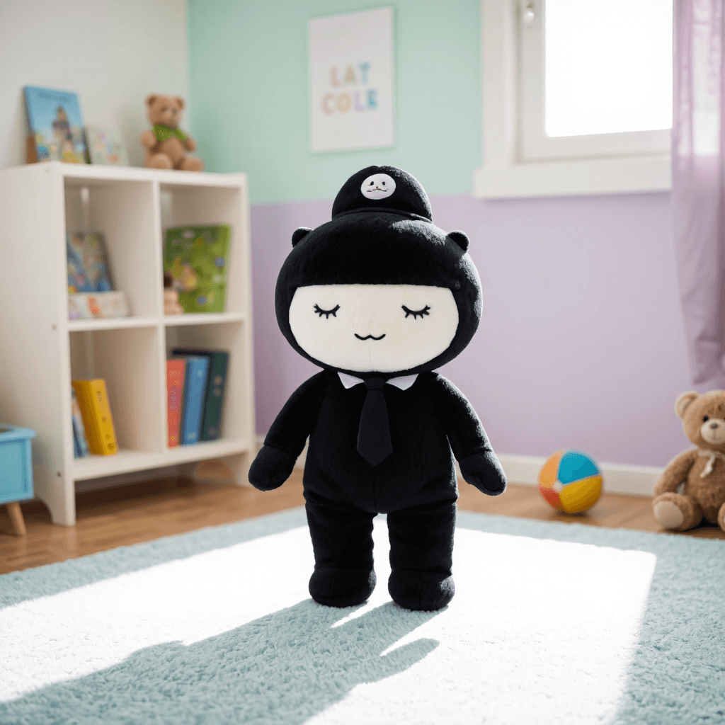 product photography of a plush toy shaped like a character wearing a hat
