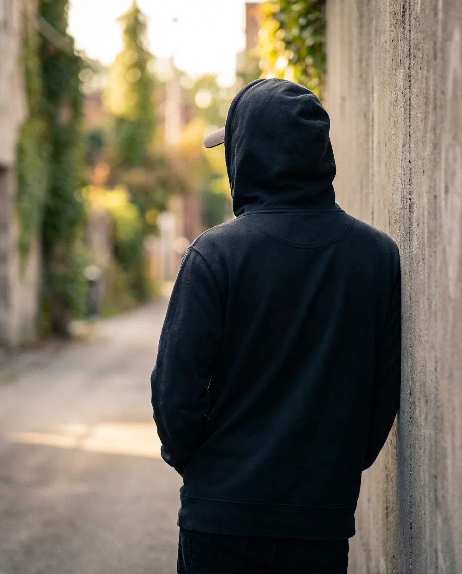 A 22 year old man with his face obscured standing in a non identifiable setting