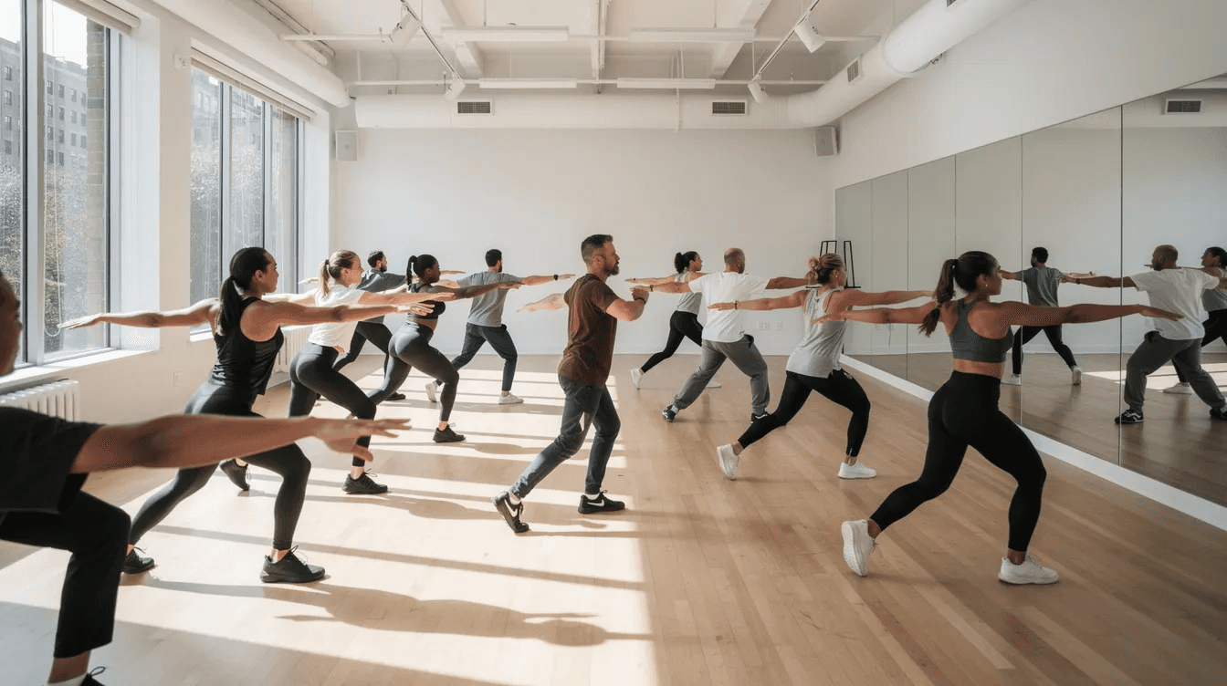 The image depicts a bright and modern dance studio filled with a large group of students actively practicing choreography under the guidance of their teachers. The space is designed to enhance classroom management and offers an easy-to-use platform for tracking attendance and payments, making it a game changer for educational institutions and dance academies.