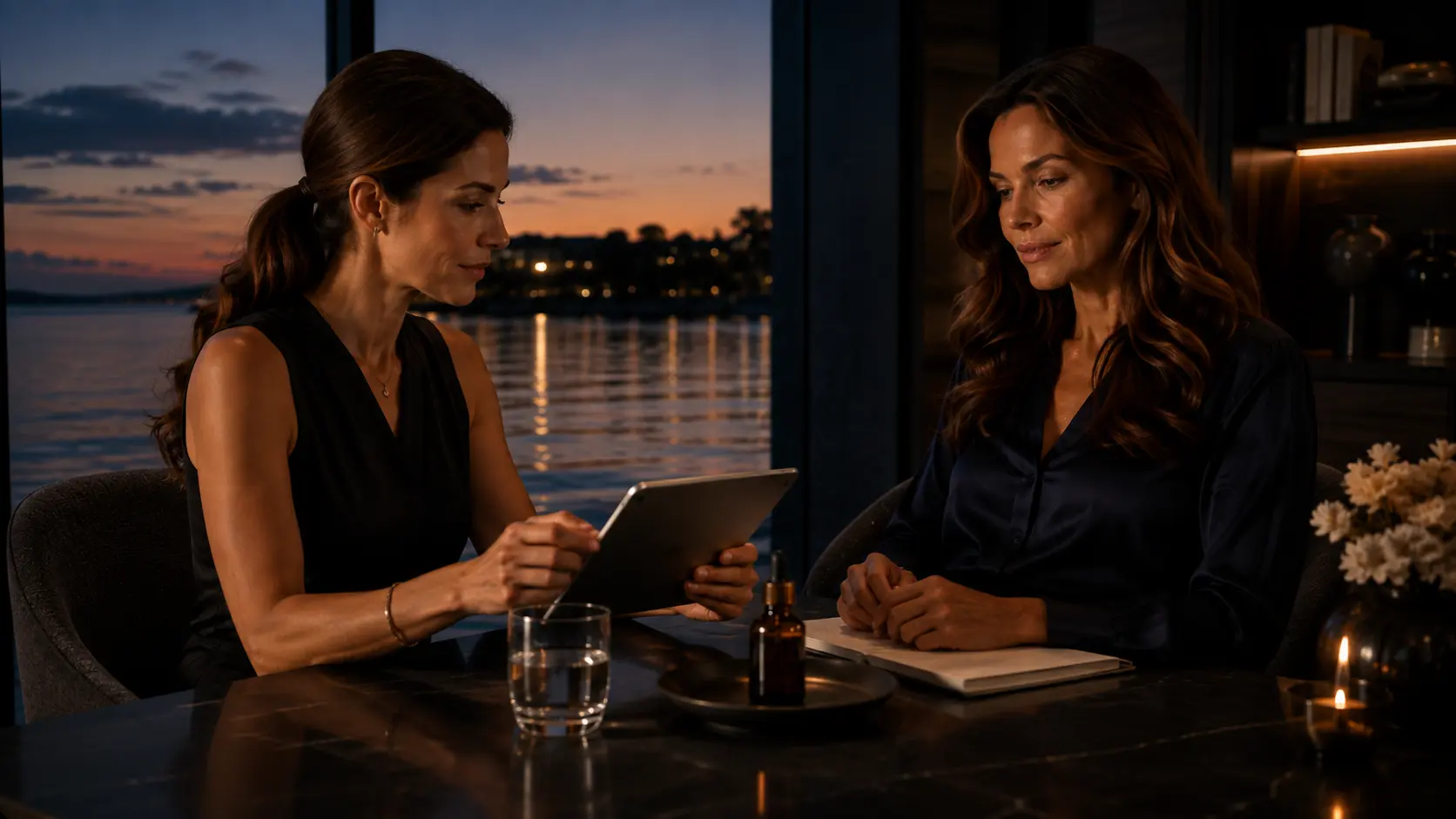 Two women reviewing a tablet at a table by a window at dusk