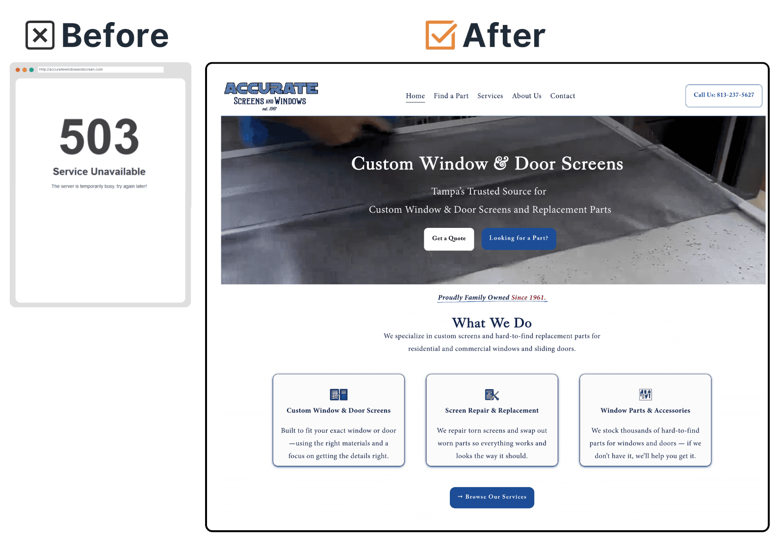 Before and after comparison of a website. On the left, the 'Before' shows a 503 Service Unavailable error page. On the right, the 'After' shows the new Accurate Screens and Windows homepage with a clean design, navigation menu, service details, and call-to-action buttons.