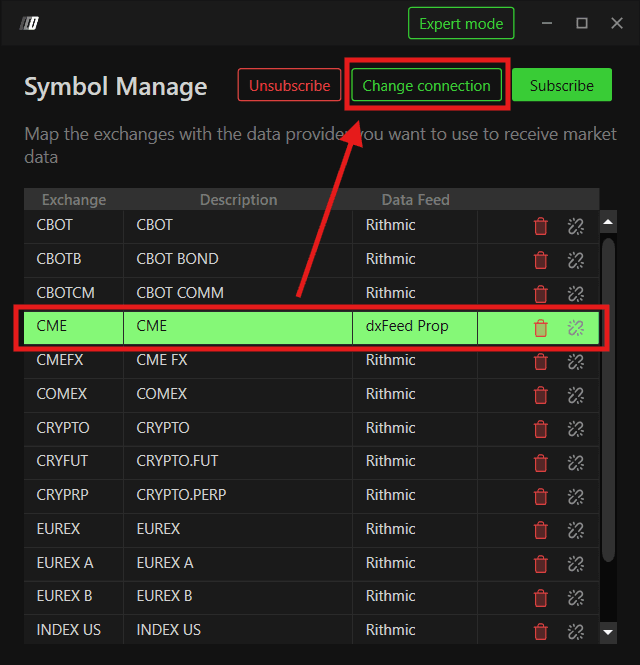 dxFeed Prop selected in Symbol Manage