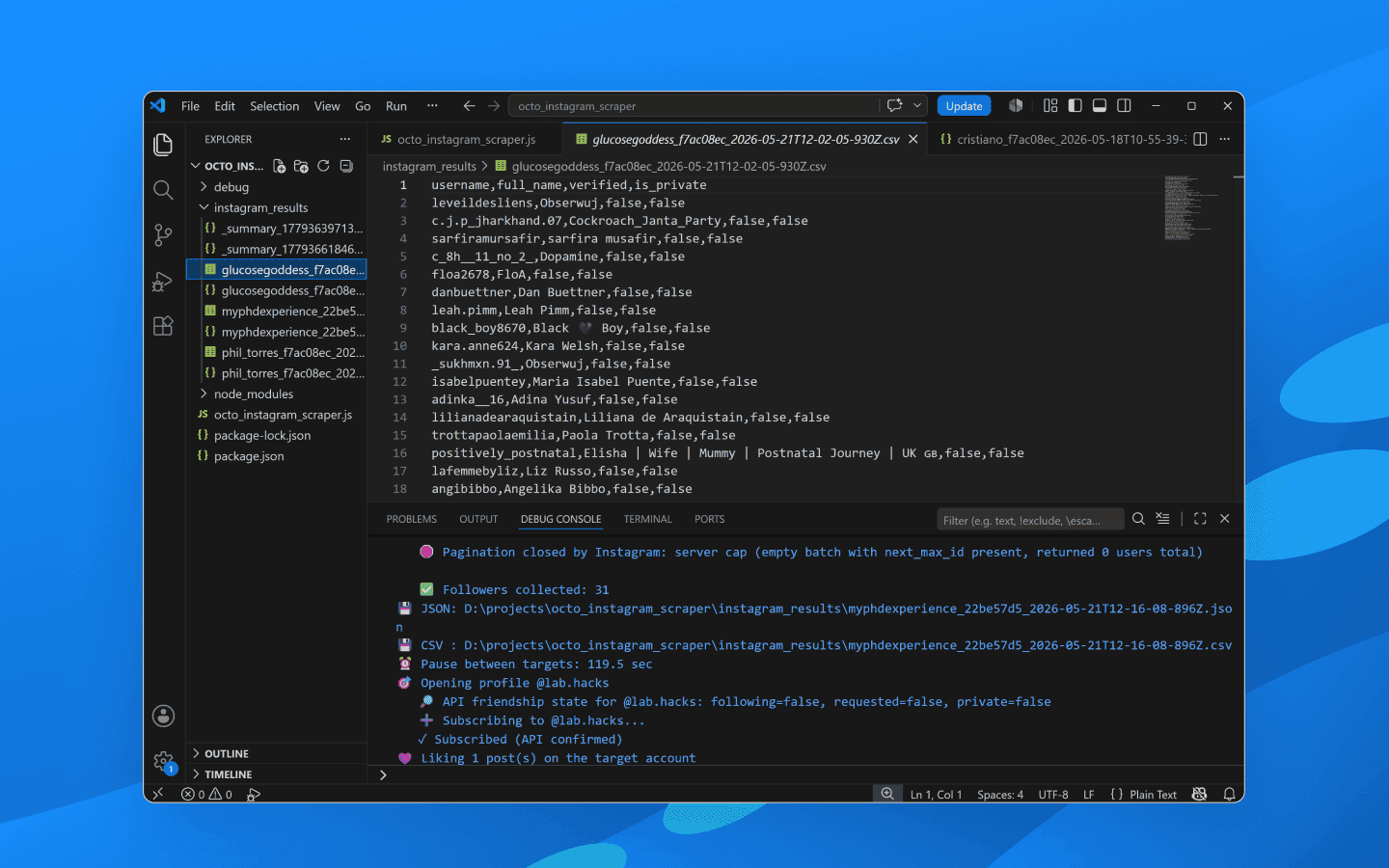 Scraper results in JSON format