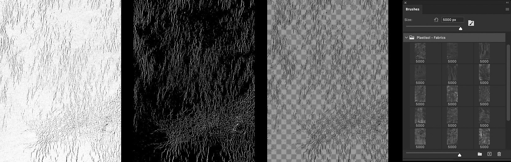 Cracked plastisol ink texture pack showing original inverted transparent and Photoshop brush formats