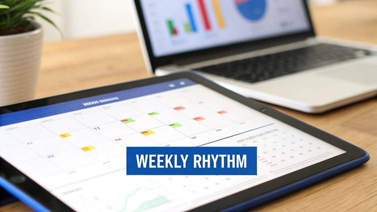 A tablet displaying a calendar app with colored events next to a laptop showing graphs.