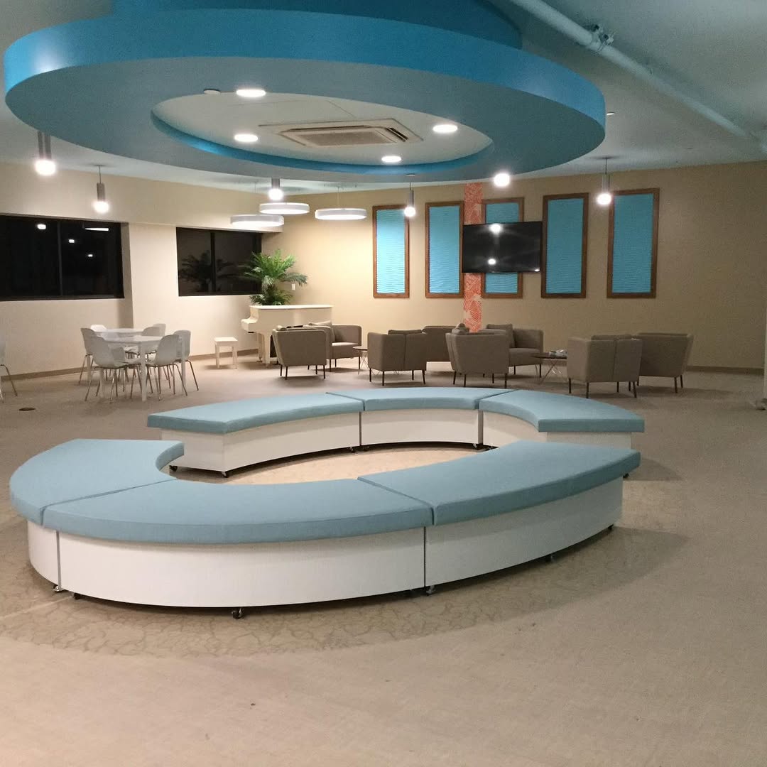 Finished lobby floor with the curved sheet vinyl inlay complete
