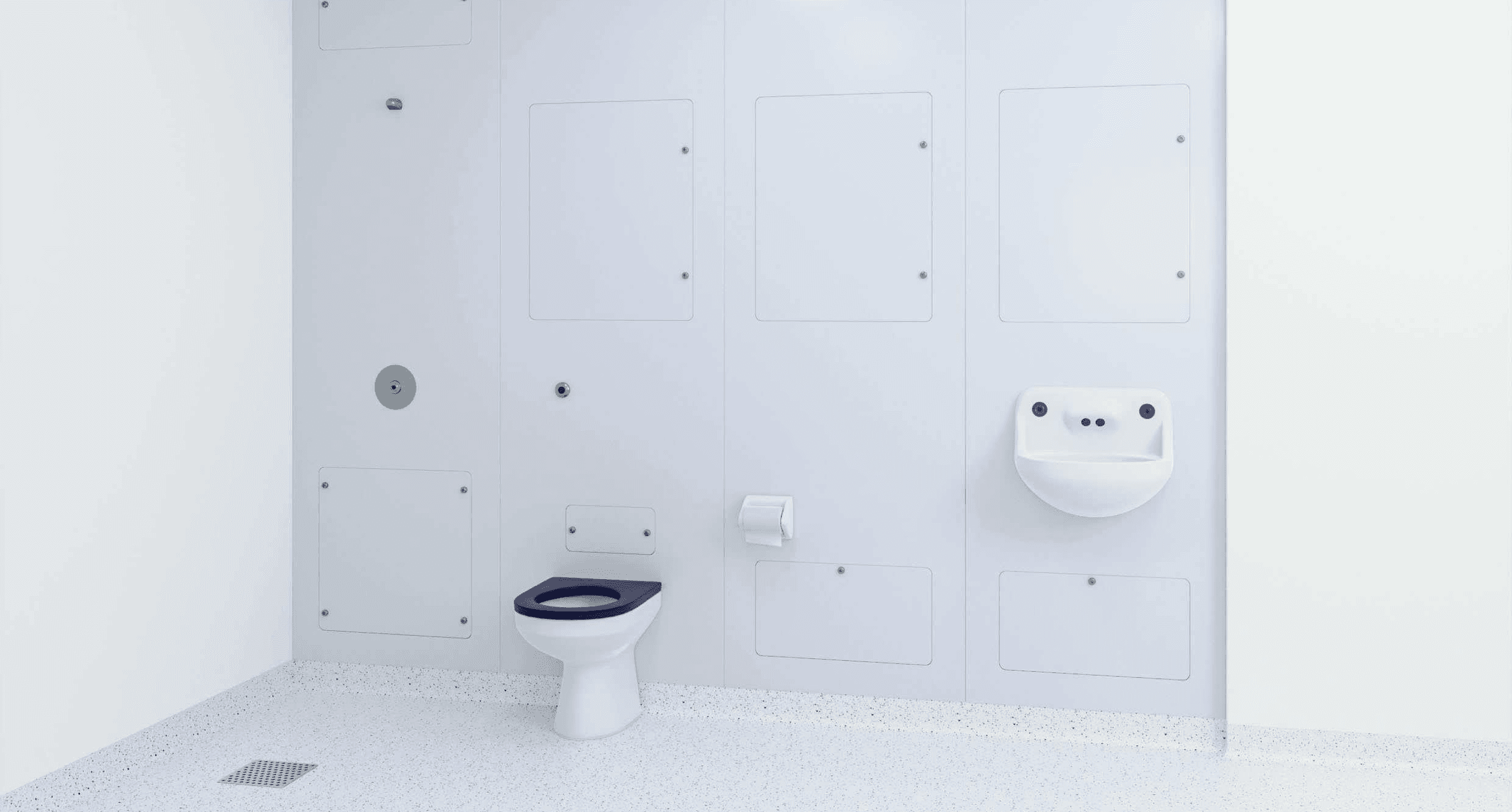 Lilac Hygipod Safe room layout including an clinical wash hand basin, toilet and show integrated plumbing systems.